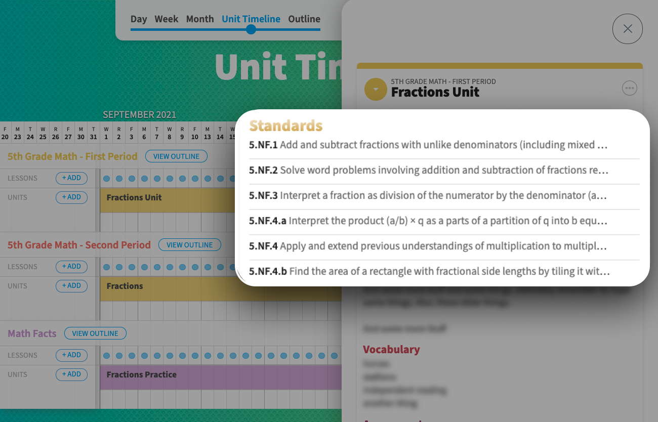 Screenshot of George's unit on fractions zooming in on the attached standards he wants to cover throughout the unit.