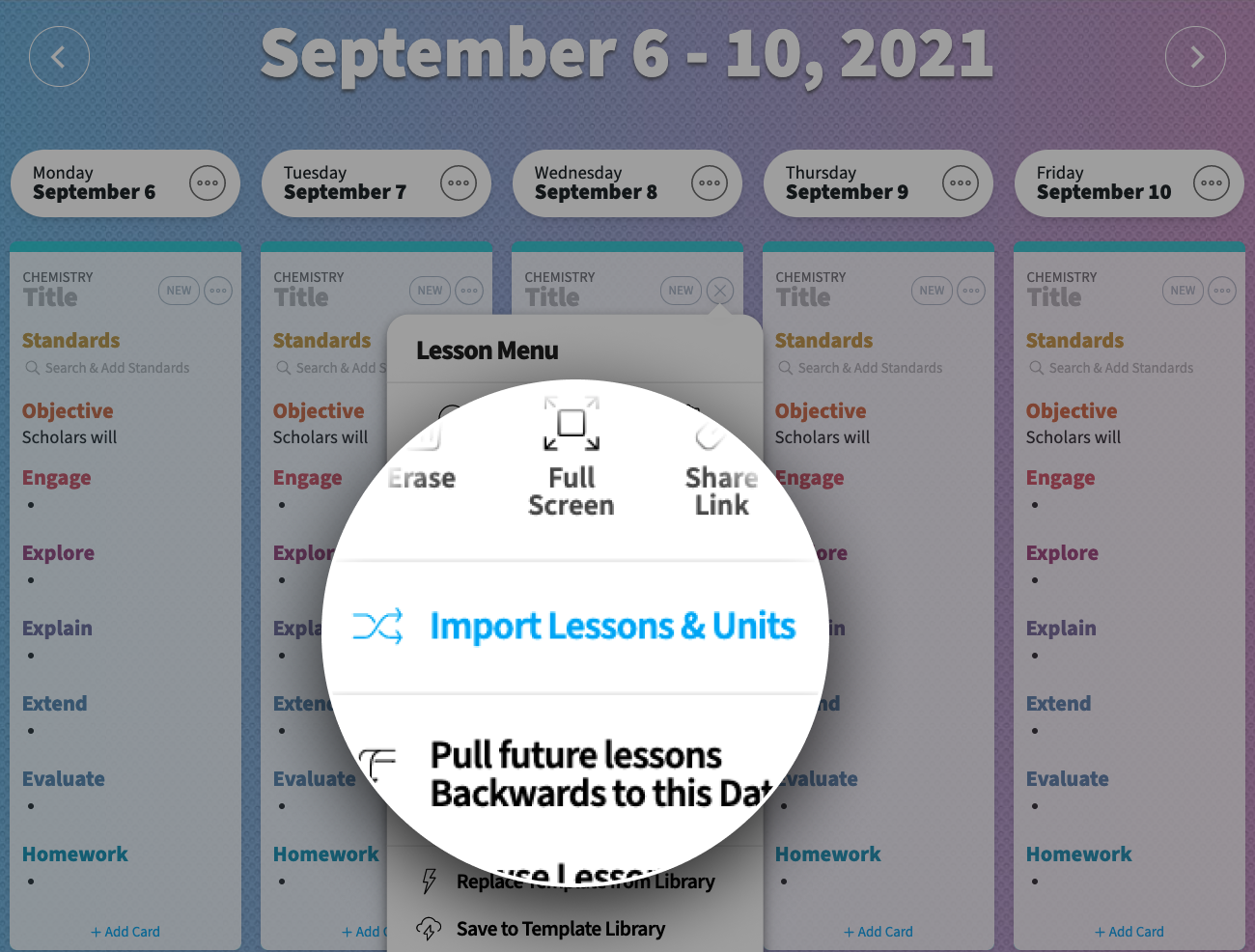 "Import Lessons and Units" option selected in the Lesson Menu